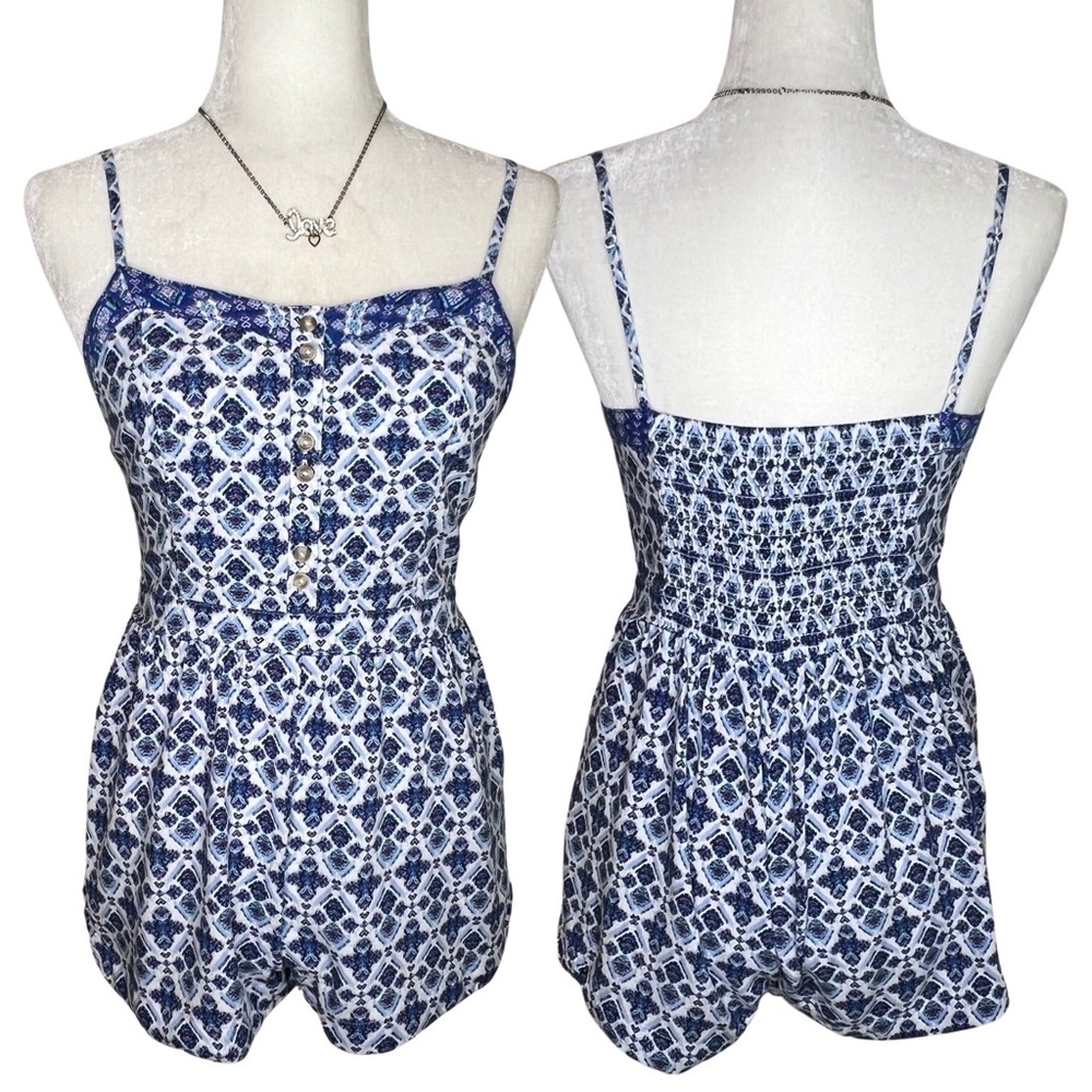 AEO Boho Romper Blue White Purple XS American Eagle Extra Small Bohemian